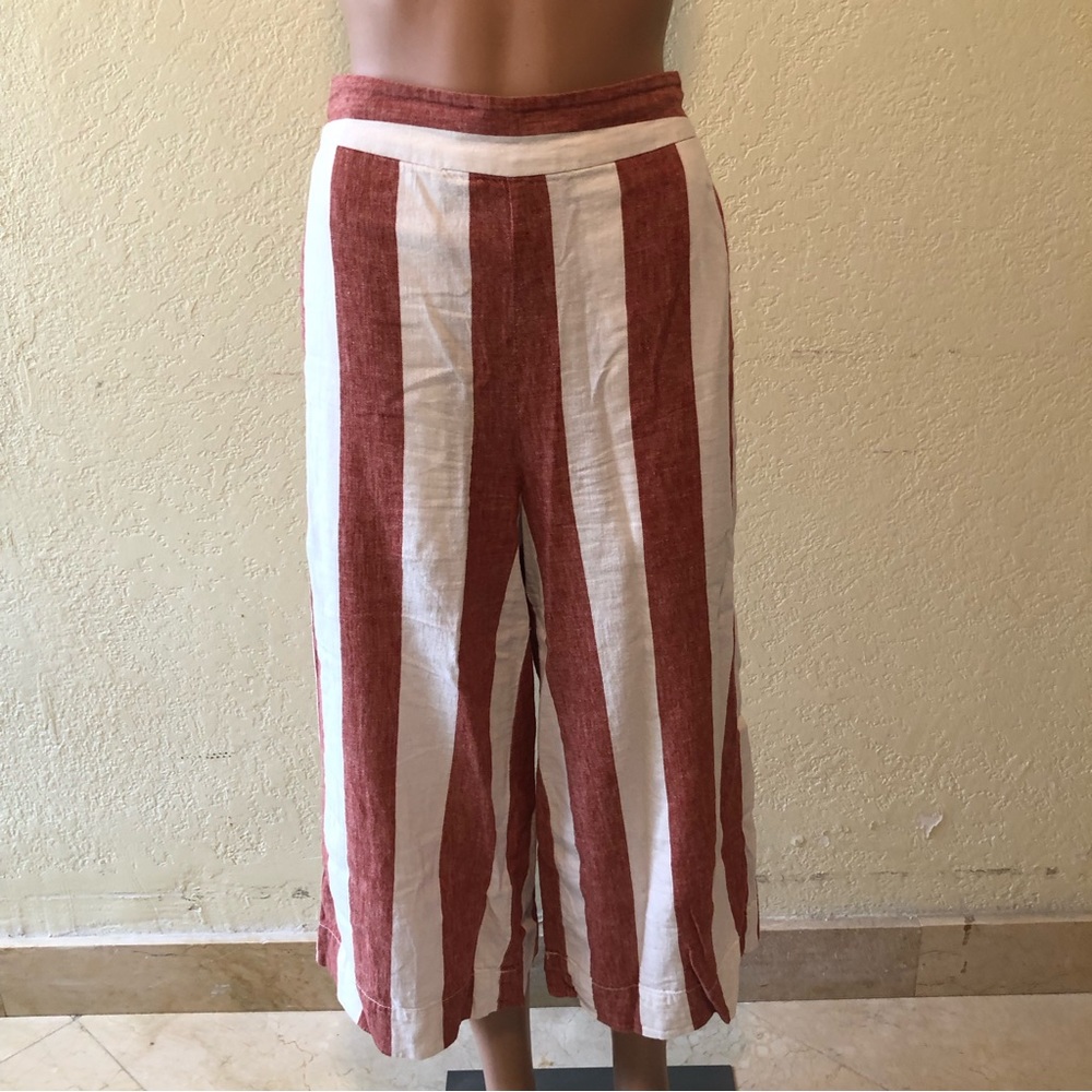 Madewell Women’s Size S Wide-Leg Rust/White Striped Capri Pants Linen Blend